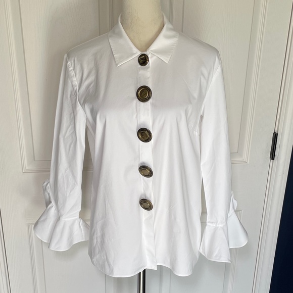 Michael Kors Tops - Michael Kors White Button-Front Blouse Statement Buttons Ruffle Cuffs Size 6